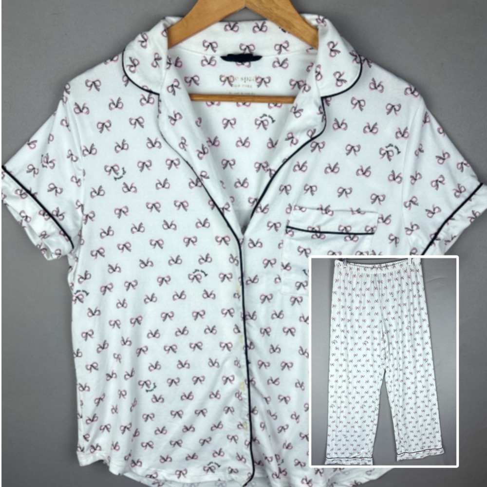 Kate Spade Pajama Set Women's Medium Short Sleeve Button Up Bow Print White
